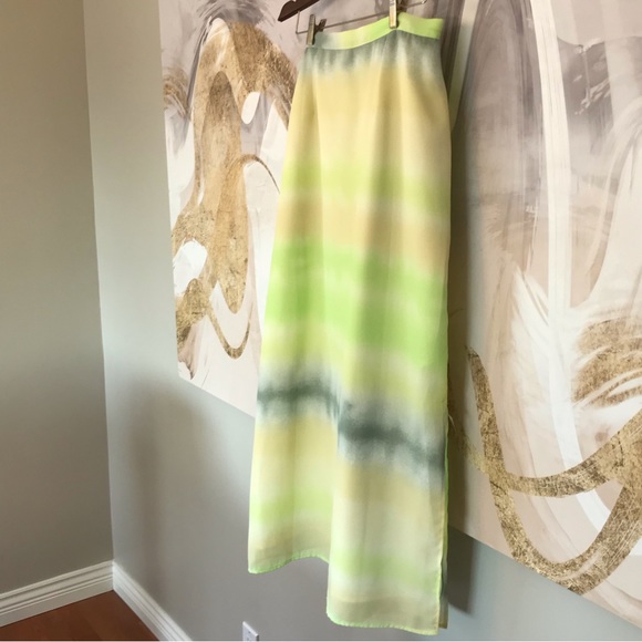 PERSONI | Y2K MIDI Skirt w/ Tie Dye Watercolour Print in Green & Yellow Size L - Picture 4 of 16